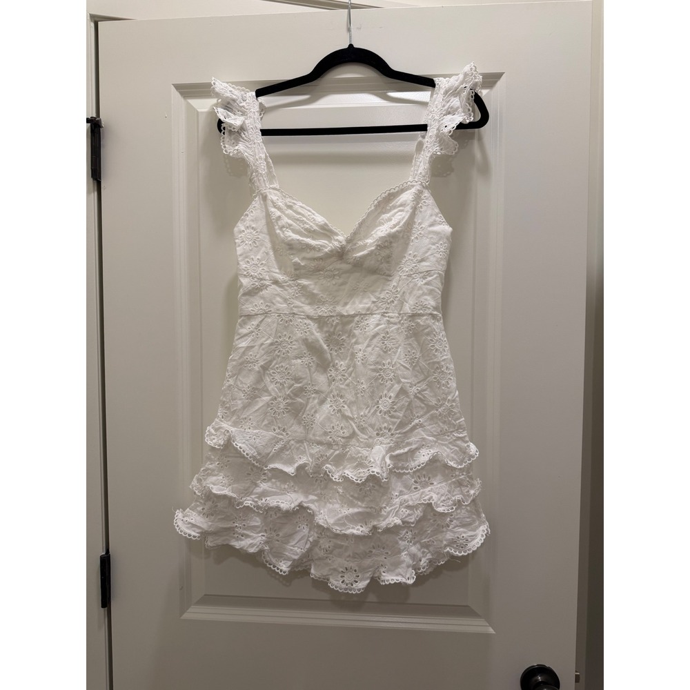 Saints + Secrets White Eyelet Ruffle Mini Dress Floral Lace Ruffle Strap Large